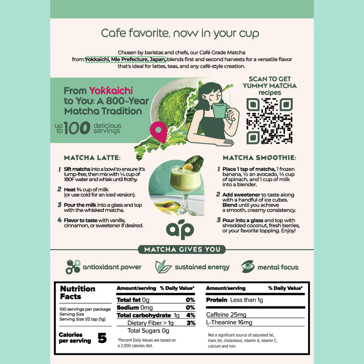 Discover cafe-grade matcha's health benefits and rich nutrition with Organic Japanese Matcha Green Tea Powder. Try our latte and smoothie recipes crafted with this premium matcha. Scan the QR code for details.