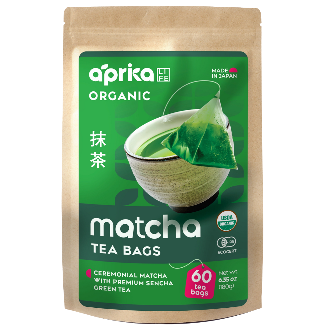 The Japanese Matcha Green Tea Bags package features a bowl of matcha and a tea bag on the front.