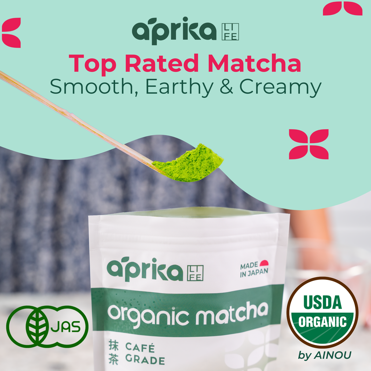 A person holds a package of Organic Japanese Matcha Green Tea Powder, showcasing a green spoonful and the text: "Top Rated Matcha, Smooth, Earthy & Creamy." Experience the richness of Premium Japanese Yabukita Matcha.