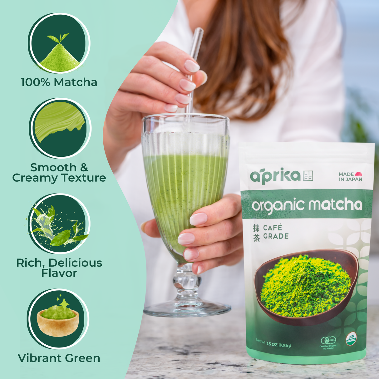 Beside a packet labeled "Organic Japanese Matcha Green Tea Powder," adorned with descriptive icons, a person prepares a glass of green matcha latte.