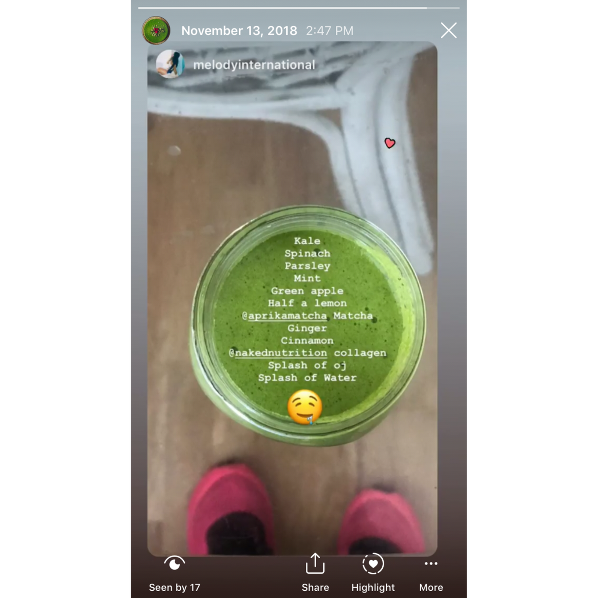 An overhead view shows a smoothie made with Organic Japanese Matcha Green Tea Powder, surrounded by its ingredients, and feet in pink shoes visible at the bottom.