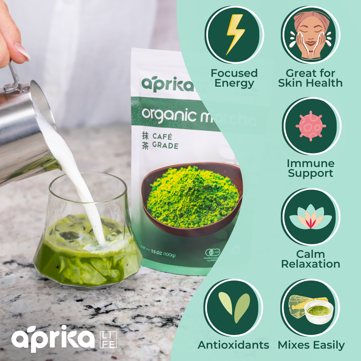Someone pours milk into a glass of Organic Japanese Matcha Green Tea Powder on a marble counter, unveiling the premium hue. Simple icons showcase the benefits of authentic Japanese Yabukita Matcha.