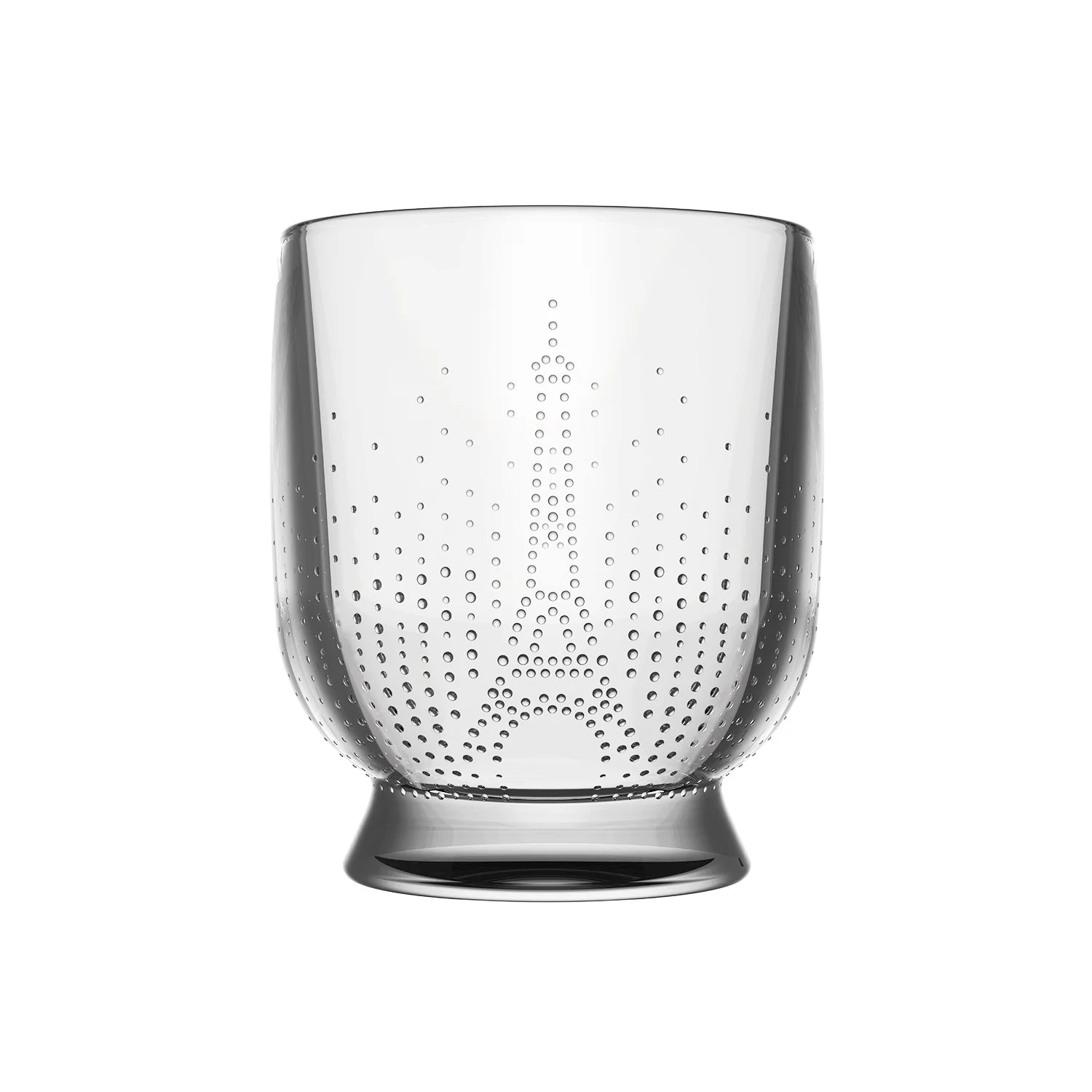 The La Rochere Parisienne Tumbler Set of 4 features clear glass with a textured surface and raised dot Eiffel Tower pattern, embodying French elegance ideal for savoring fine spirits.