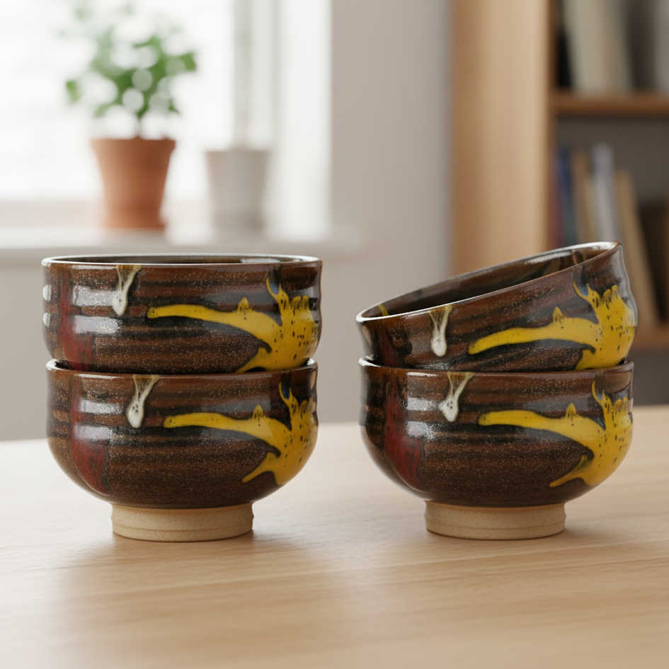 Yellow and Brown Ribbed Bowl