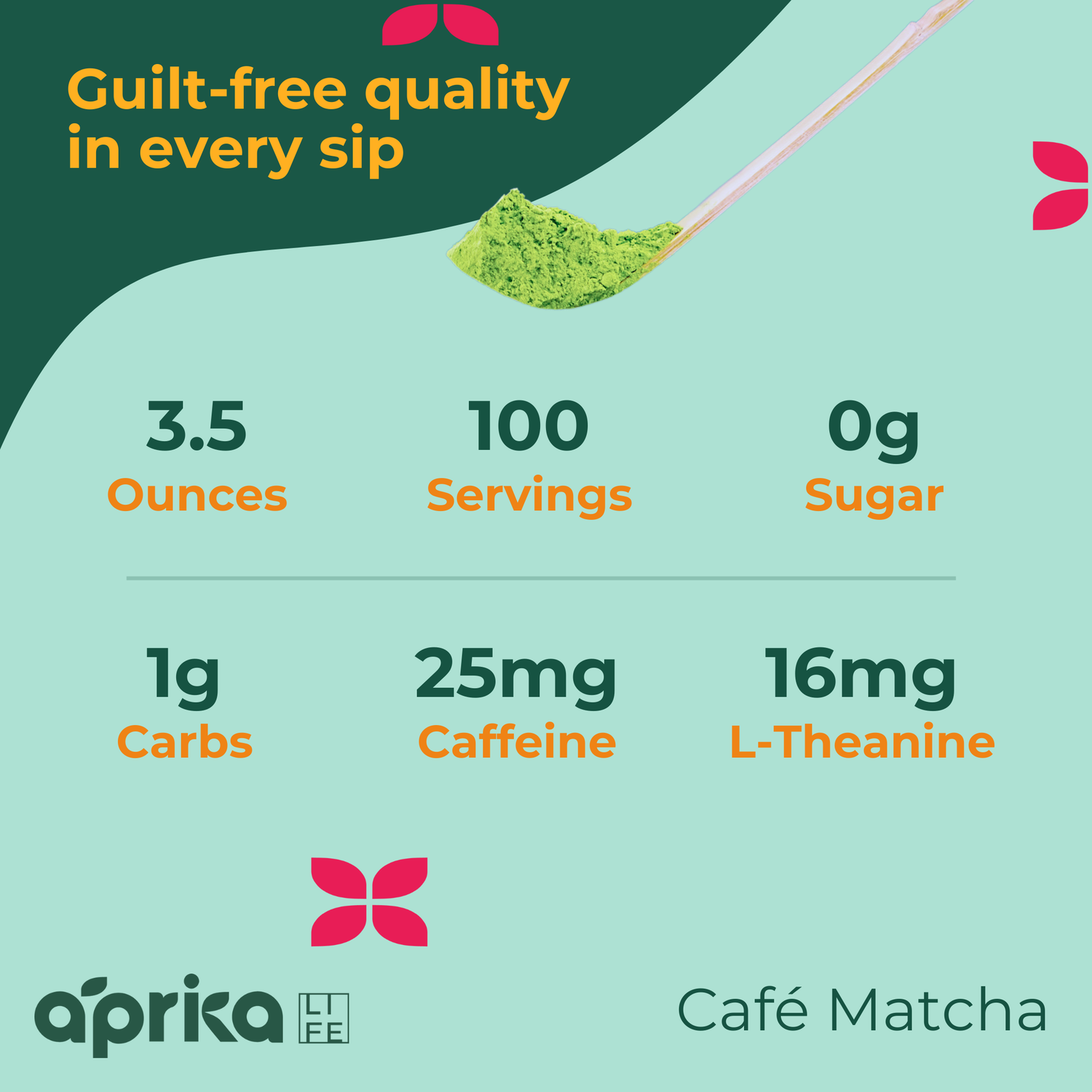 Infographic for Organic Japanese Matcha Green Tea Powder: This 3.5 oz pack offers 100 servings of premium Yabukita matcha, with 0g sugar, 1g carbs, 25mg caffeine, and 16mg L-Theanine.
