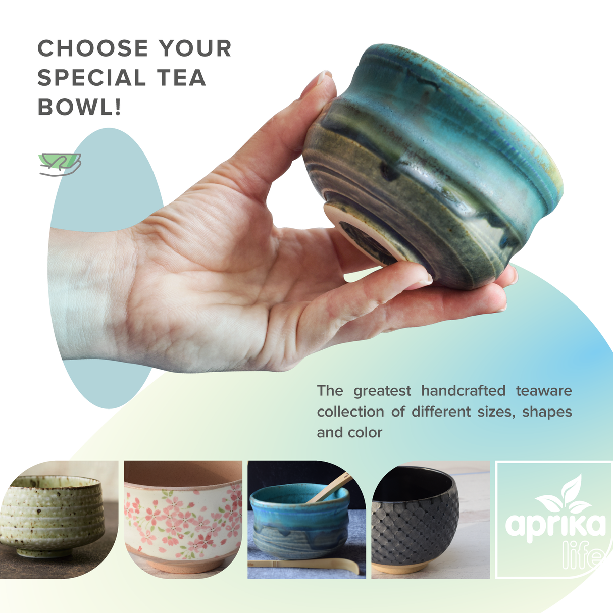 Hand holds a Grey Tenmoku Ceramic Matcha Bowl; different bowls below. Text: "Select your perfect matcha bowl!.