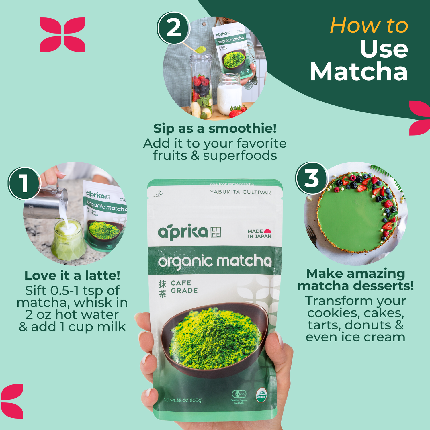 Discover the versatility of Organic Japanese Matcha Green Tea Powder: enjoy it as a refreshing tea, boost smoothies, or elevate desserts. This premium matcha delivers authentic taste from Japanese Yabukita leaves for all your culinary creations.