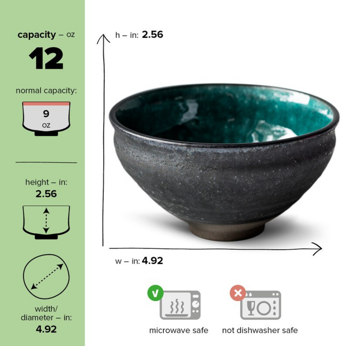 The Blue and Black Ceramic Matcha Bowl has a calming teal interior, 12 oz capacity, 4.92" diameter, and 2.56" height. It's perfect for microwave use but not dishwasher safe, making it an ideal addition to any matcha starter set.