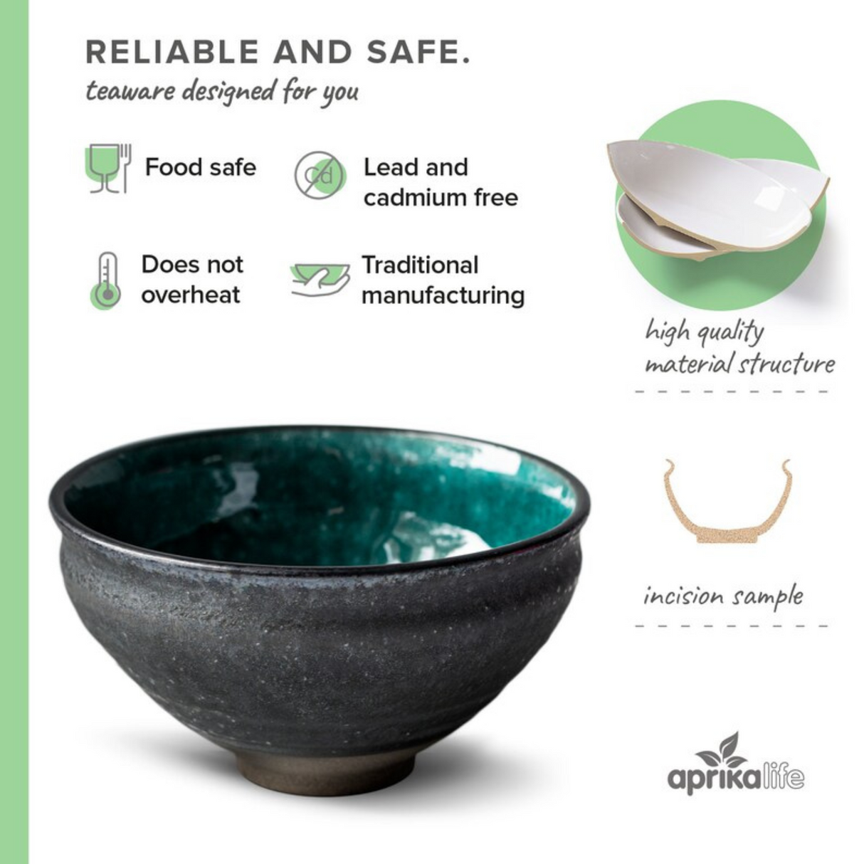 The Blue and Black Ceramic Matcha Bowl combines aesthetics and functionality with its dark exterior and green interior. Enhanced safety and manufacturing features make it perfect for any matcha starter set.