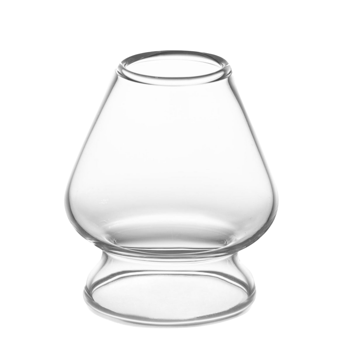 The Clear Glass Matcha Whisk Holder and Bamboo Whisk Set includes a stylish, tulip-shaped glass holder with a wide bowl and short stemless base, perfect for elegant chasen storage.