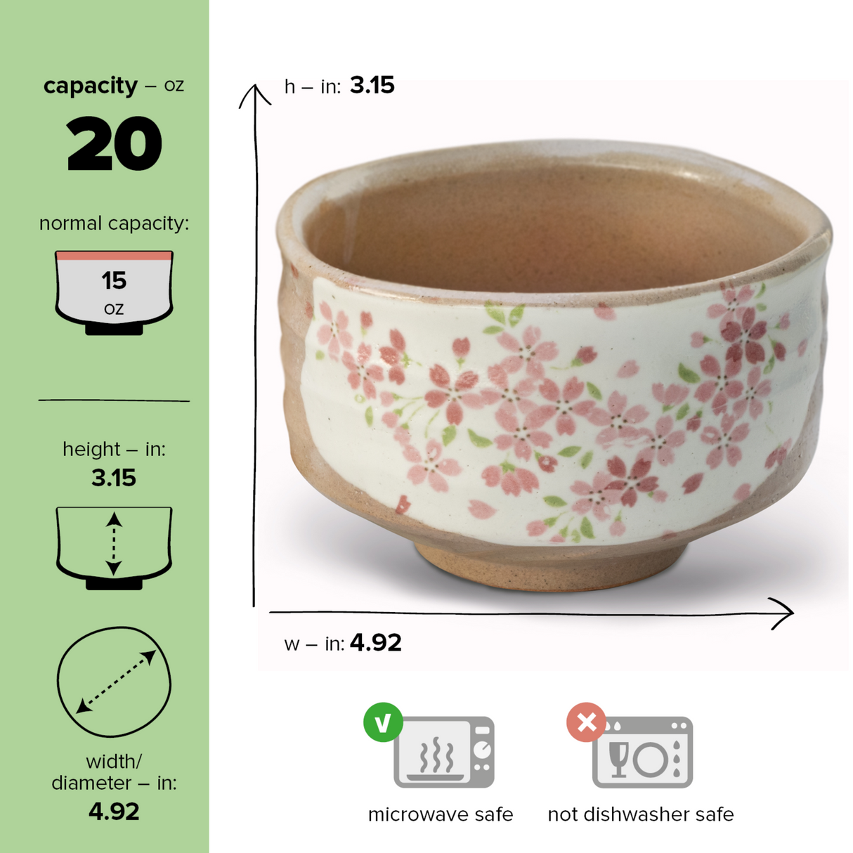 The Big Sakura Flowers Matcha Bowl Set includes a 20 oz Minoyaki ceramic bowl with pink floral design, bamboo whisk, whisk holder, and organic Japanese matcha; microwave safe but not dishwasher safe—ideal for tea lovers.