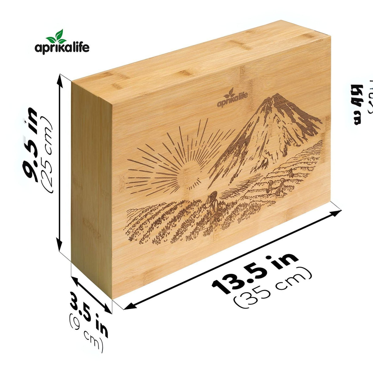 The Black Matcha Tea Gift Set includes a wooden box with mountain and sun engravings, measuring 9.5 in x 13.5 in x 3.5 in, perfect for holding Ceremonial Matcha Tea tools such as a bamboo whisk.