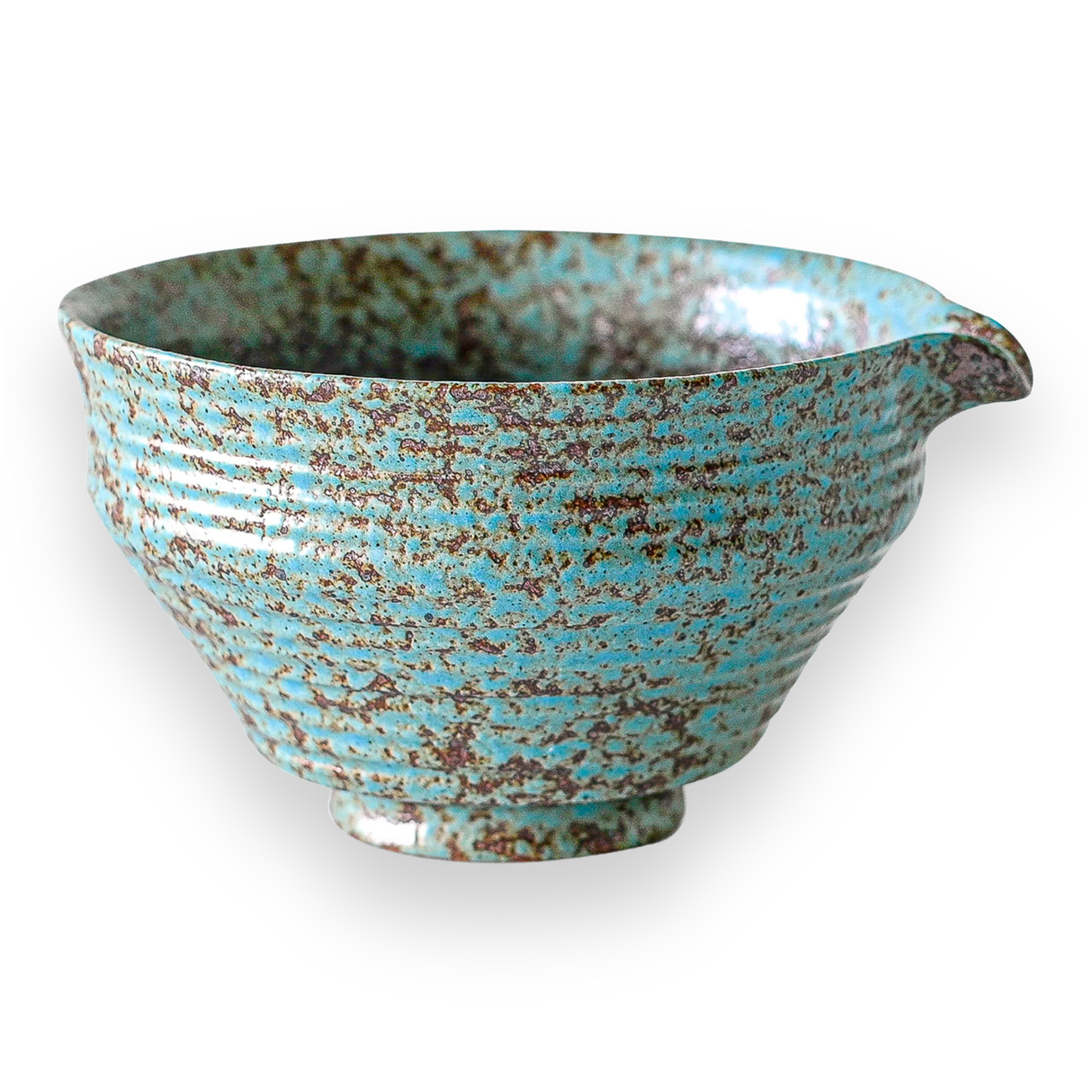 The Blue Textured Ceramic Matcha Bowl with Spout, combining a mottled turquoise and brown glaze, is perfect for adding elegance to your Japanese tea ceremony.