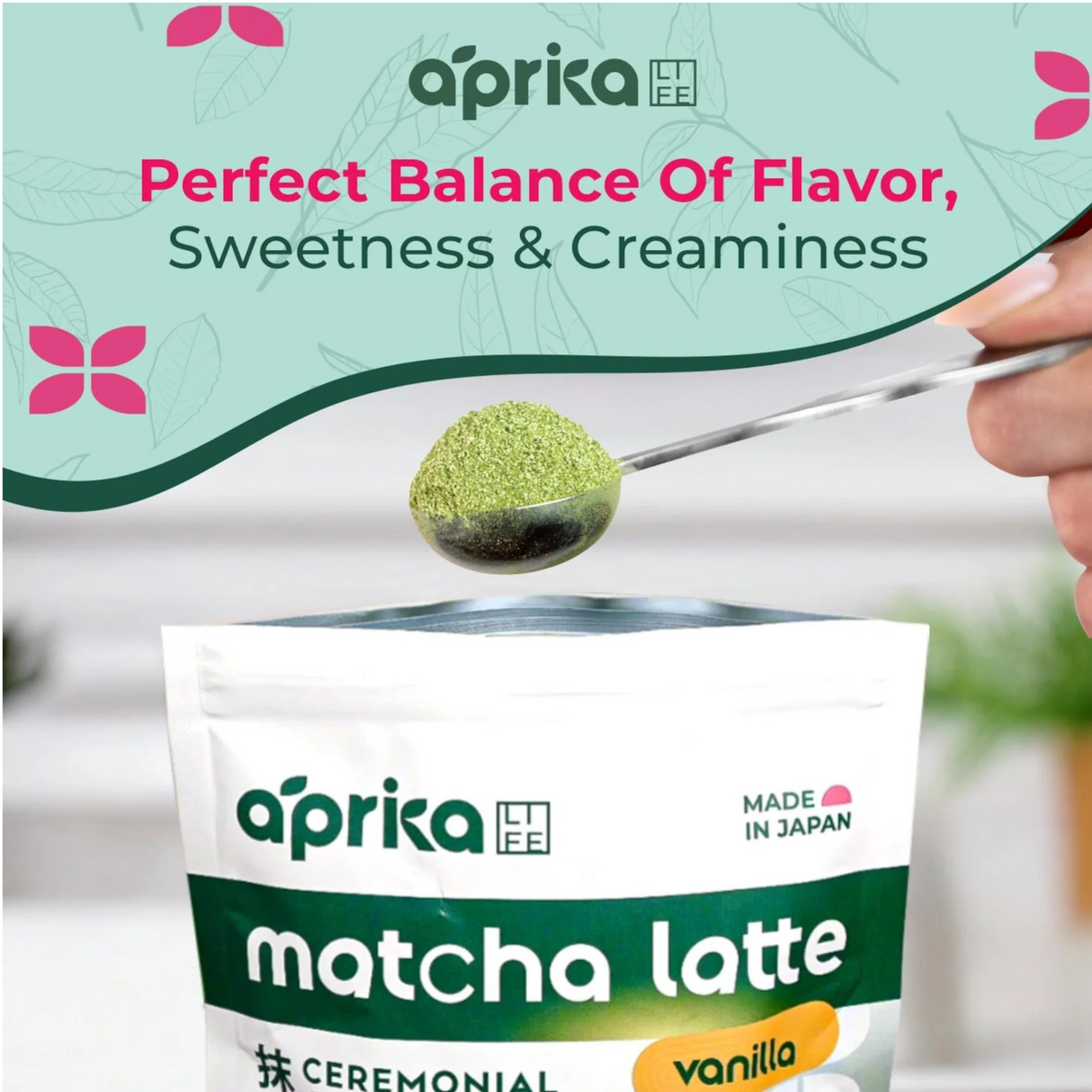 A spoonful of Ceremonial Grade Matcha Latte Powder Mix with Natural Vanilla Flavor is held above its bag.