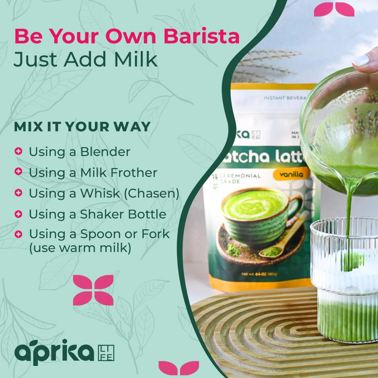 A hand pours vibrant green matcha latte into a glass beside a pouch of Ceremonial Grade Matcha Latte Powder Mix with Natural Vanilla Flavor, complete with a mixing tips list.