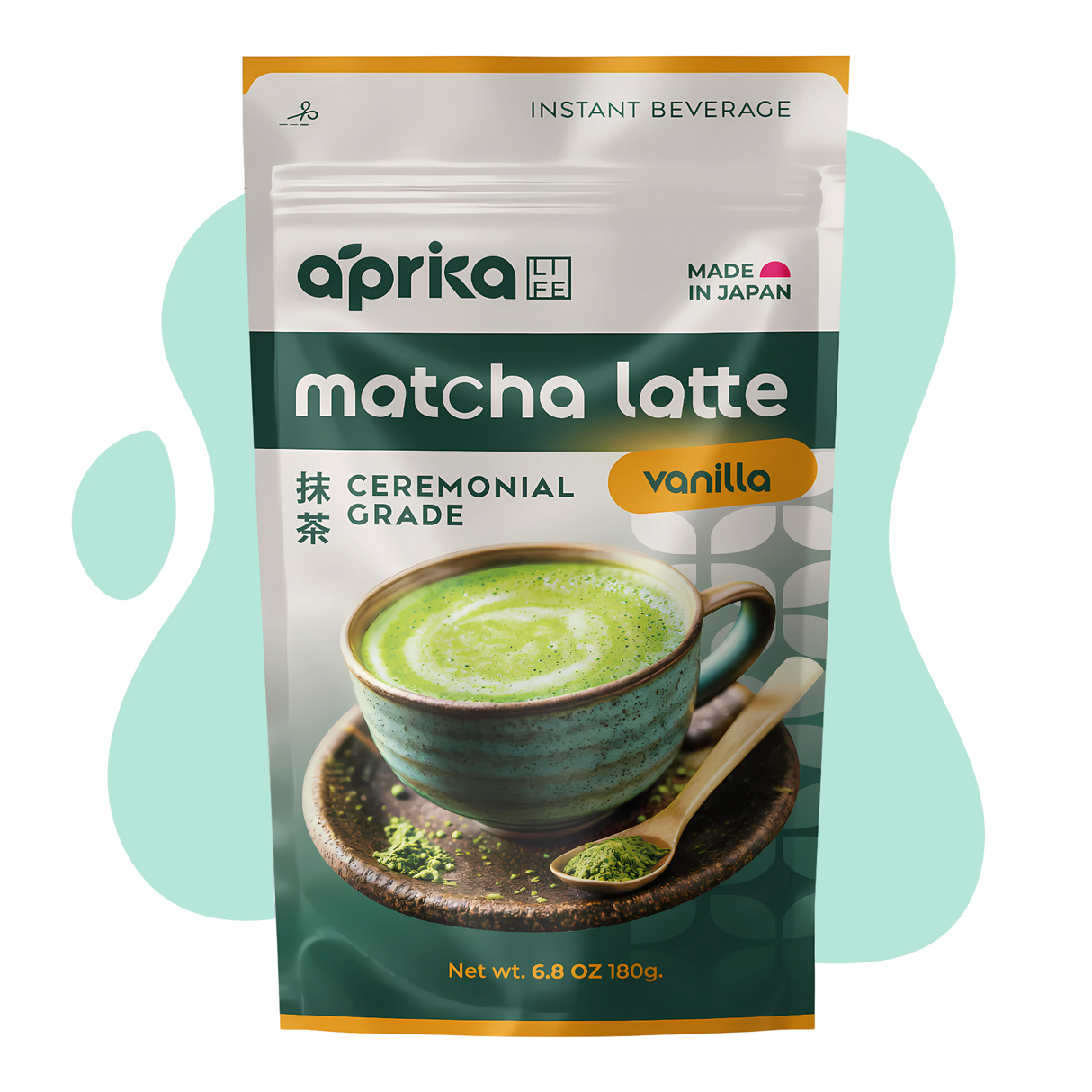 A package of Ceremonial Grade Matcha Latte Powder Mix with Natural Vanilla Flavor, featuring a vibrant green latte in a ceramic cup on the front.