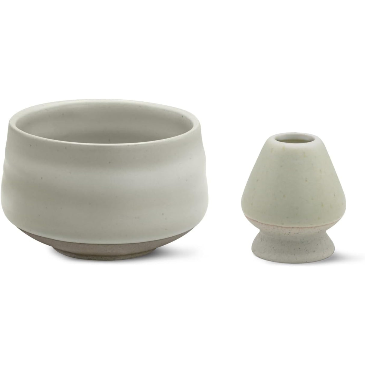 The Ceremonial Matcha Starter Kit - Ivory White features a minimalist ceramic matcha bowl and small vase in soft gray tones placed elegantly on a white backdrop, epitomizing serenity and style.
