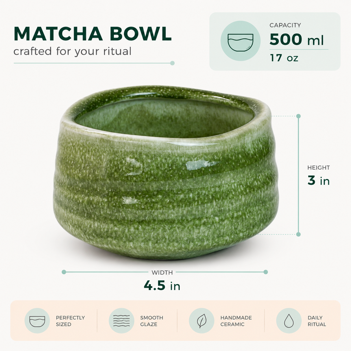 Green Ceramic Matcha Bowl 17 oz with Rolled Rim, Matcha Chawan for Whisking and Drinking, Tea Ceremony Bowl