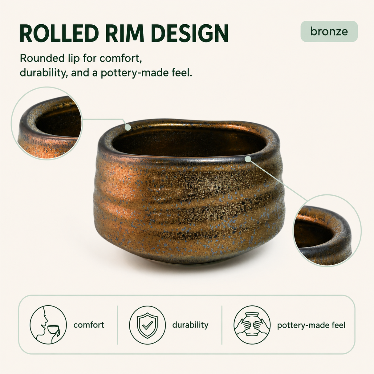 Bronze Ceramic Matcha Bowl 17 oz with Rolled Rim, Matcha Chawan for Whisking and Drinking, Tea Ceremony Bowl