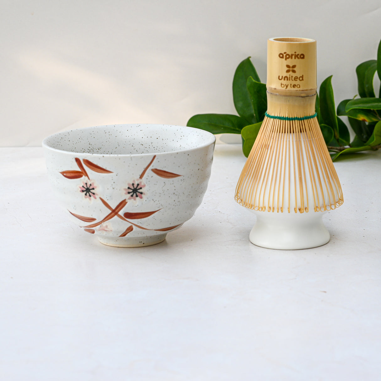 A Bamboo Matcha Bowl sits beside a Bamboo Matcha Whisk and Whisk Holder Set on a light surface, framed by green leaves in the background.