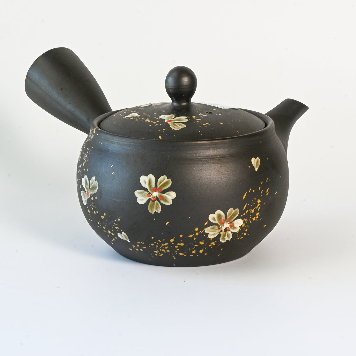 Handmade Dark Brown Floral Kyusu Teapot: Japanese Loose Leaf Tea Strainer (13 fl oz/380ml)