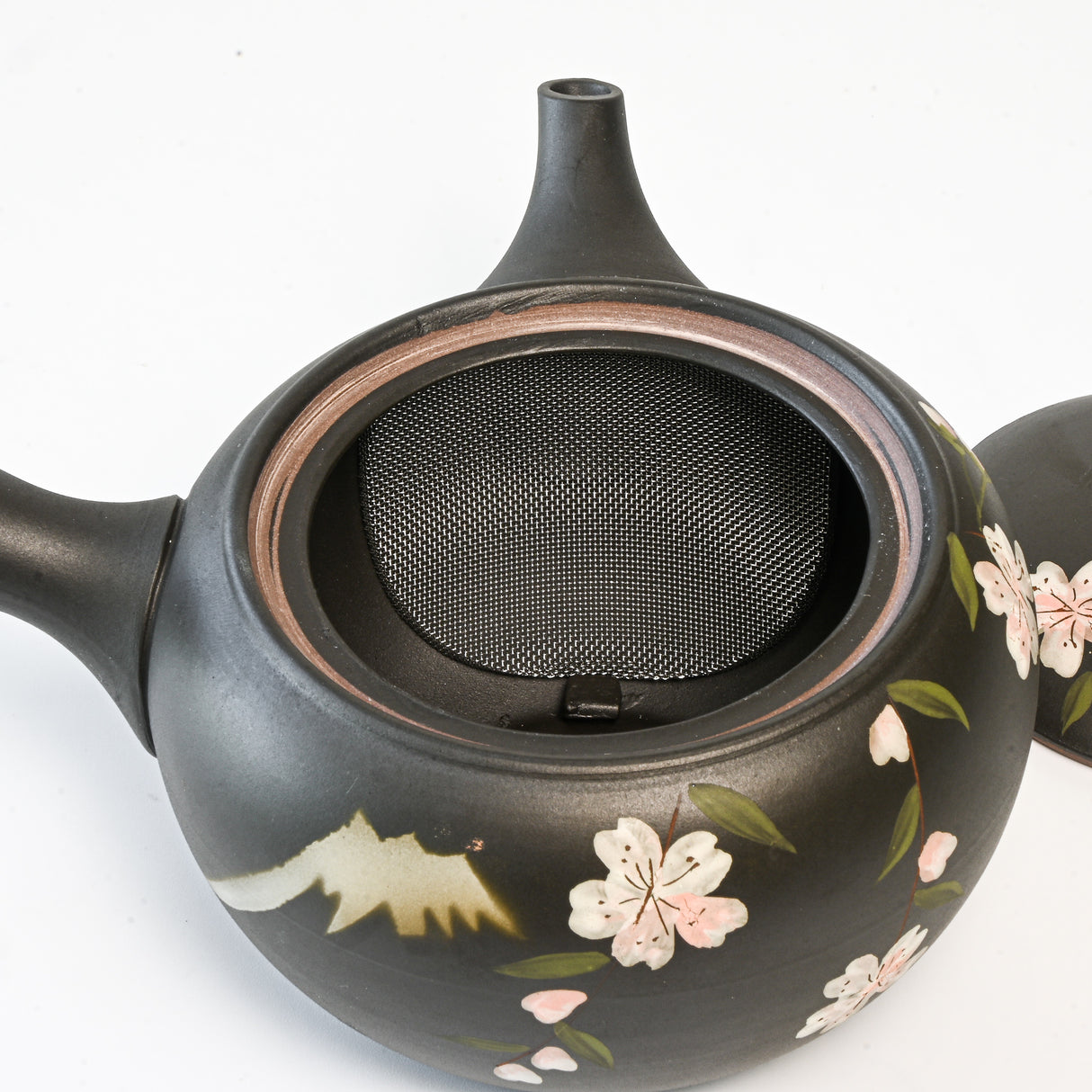 Handmade Dark Brown Pink Sakura Kyusu Teapot: Japanese Loose Leaf Tea Strainer (14.5 fl oz/430ml)