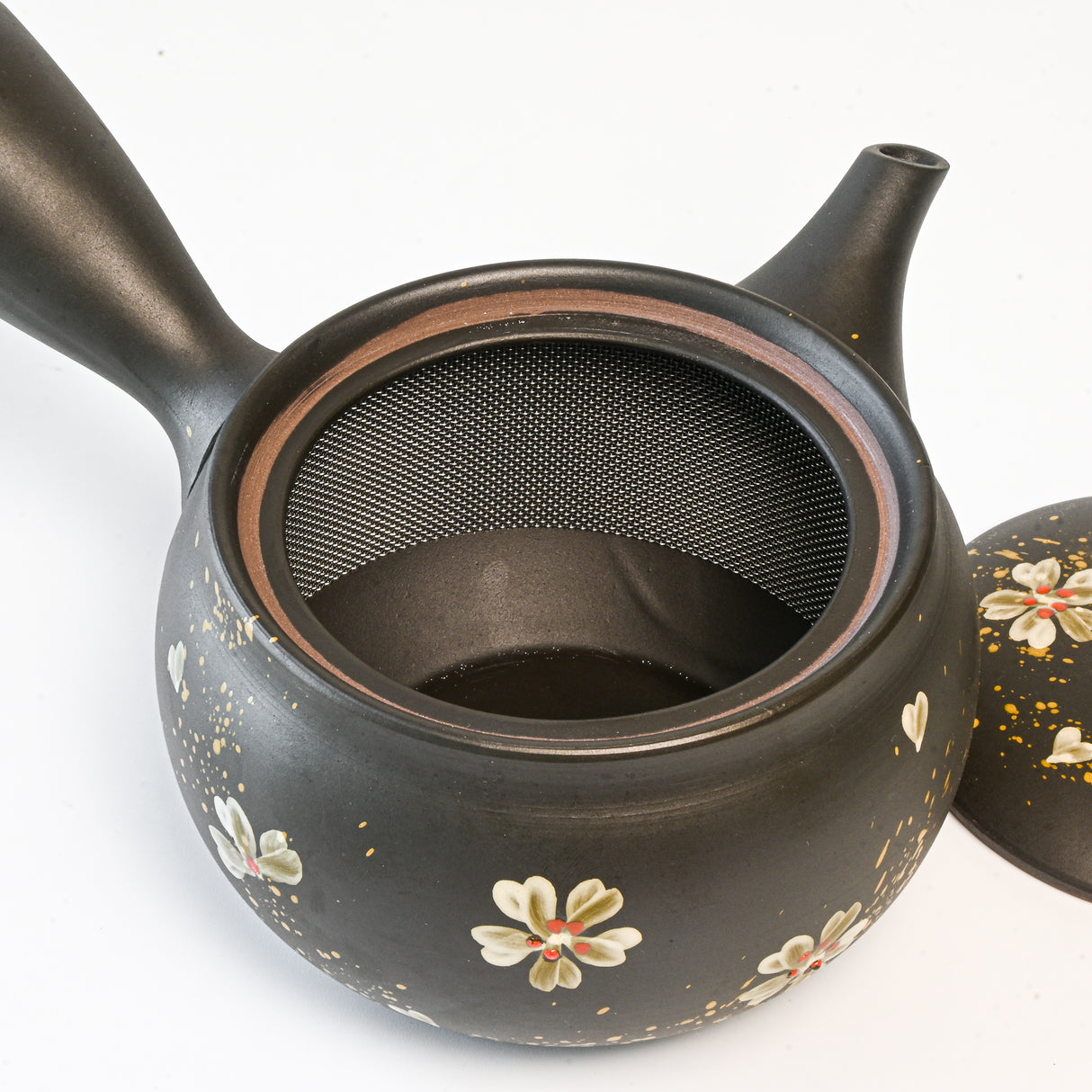 Handmade Dark Brown Floral Kyusu Teapot: Japanese Loose Leaf Tea Strainer (13 fl oz/380ml)
