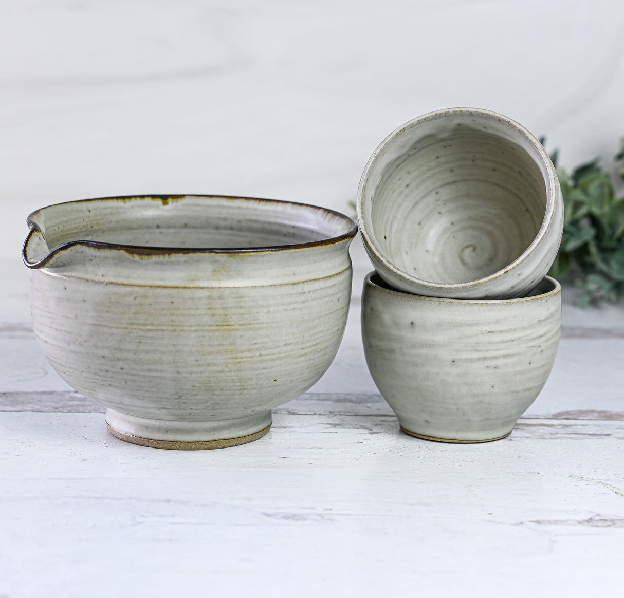Handcrafted Grey Ceramic Matcha Set: Spouted Bowl, 2 Cups