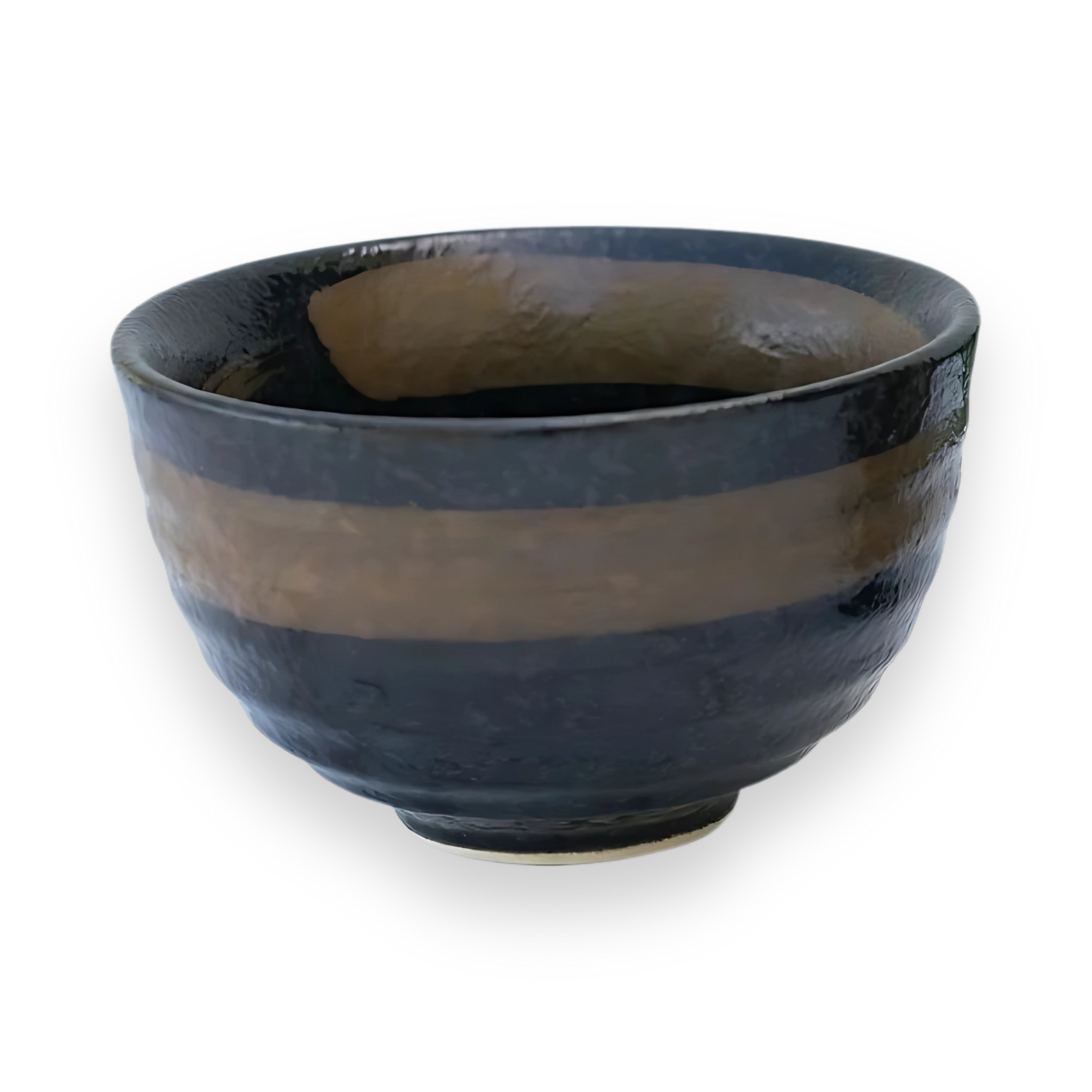 The Dark Brown Glaze Ceramic Matcha Bowl is crafted from black ceramic using Minoyaki pottery techniques, featuring a glossy, uneven surface with a brown stripe around the middle on a black background.