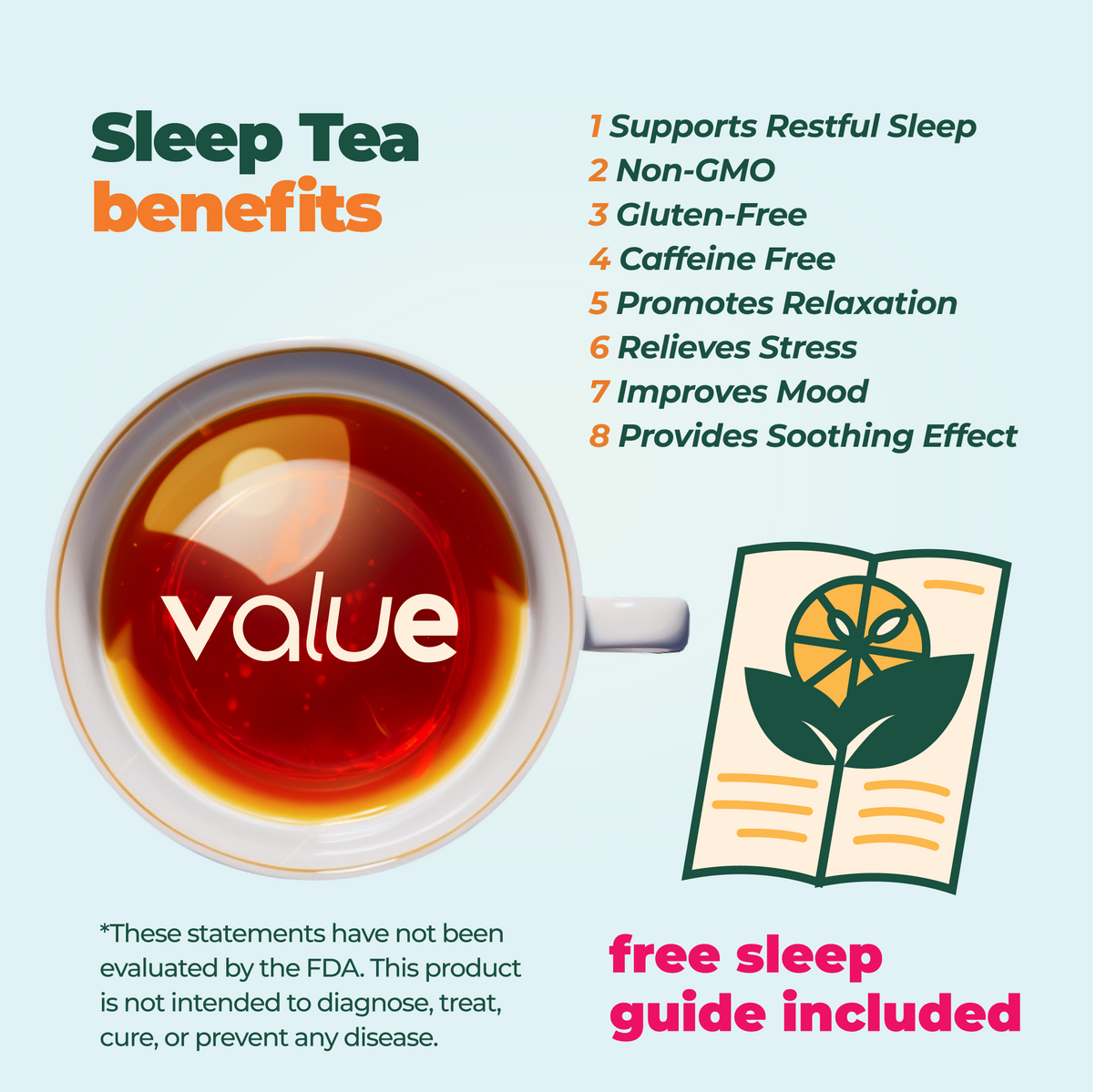 The "Herbal Sleep Tea With Sleep Guide" includes 60 bags of all-natural, caffeine-free tea for restful sleep with a complimentary sleep guide. Benefits listed; FDA disclaimer provided.