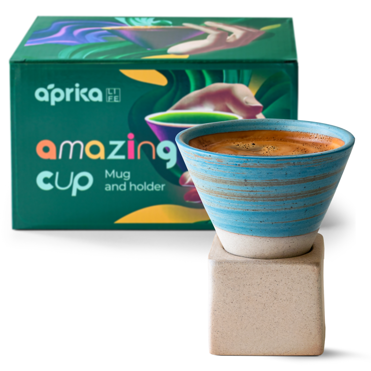 A Blue Coffee Mug with Base - 6.8 oz/200ml sits on a square holder, with a vibrant "amazing cup" box enhancing the scene.