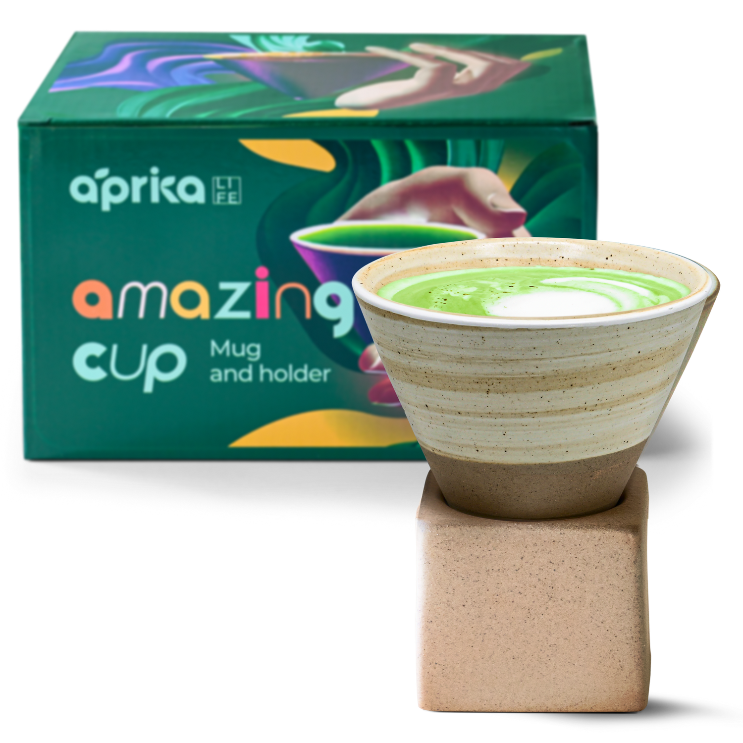 A beige coffee mug with latte gently rests on a square base amid a colorful box labeled "amazing cup." This handcrafted 6.8 oz ceramic mug is a perfect unique gift for any coffee enthusiast.