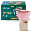 A pink vintage-style ceramic mug with a swirl design on a square holder, elegantly presented in a box labeled "aprika amazing cup – Mug and holder," featuring the Pink Coffee Mug with Base - 6.8 oz/200ml.