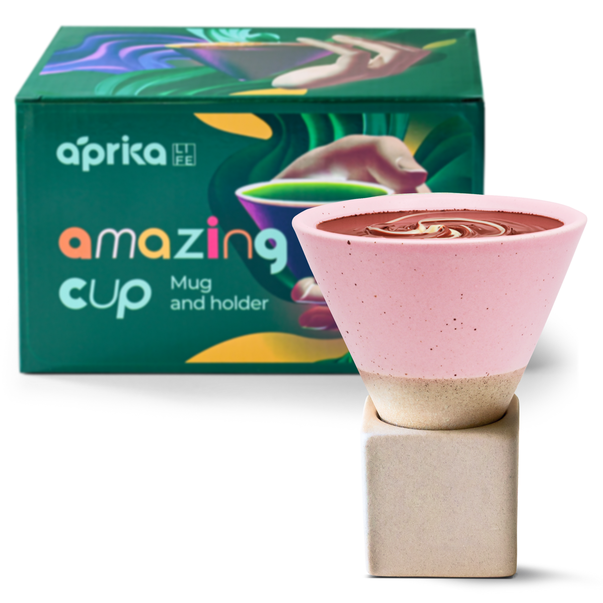 A pink vintage-style ceramic mug with a swirl design on a square holder, elegantly presented in a box labeled "aprika amazing cup – Mug and holder," featuring the Pink Coffee Mug with Base - 6.8 oz/200ml.