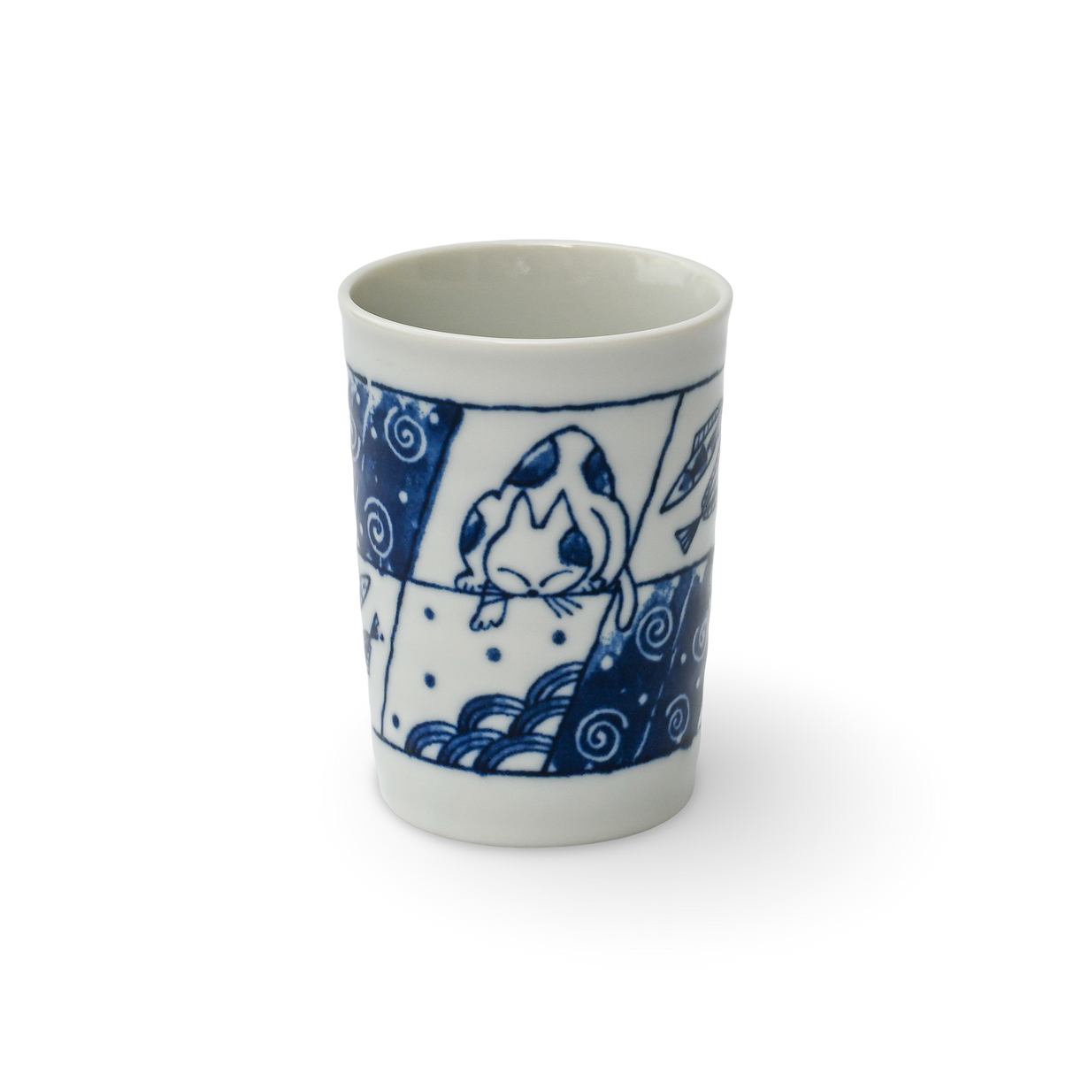 This exquisite blue and white ceramic cup, the Adorable Cat 1 Tea Cup, is a fine example of Mino-ware, showcasing a charming cat design set against a striking black background.