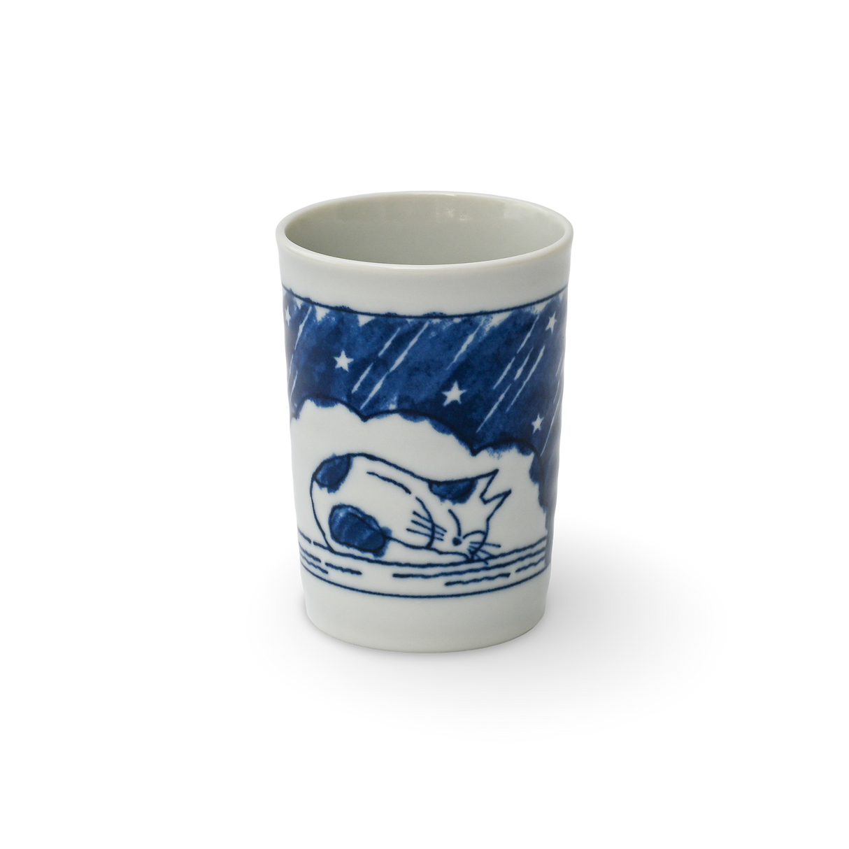 The Adorable Cat 2 Tea Cup, Blue & White Mino-Ware (180ml), features a charming blue cat sleeping under a starry night sky, crafted in the traditional Mino-ware style from Gifu Prefecture.