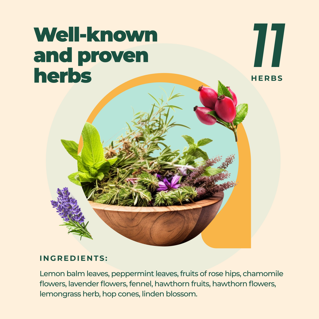 A wooden bowl with herbs such as lavender and peppermint rests elegantly on a light background, subtly promoting Immune System Support Herbal Tea, 60 Bags, while herbal text highlights its role in enhancing immune health.