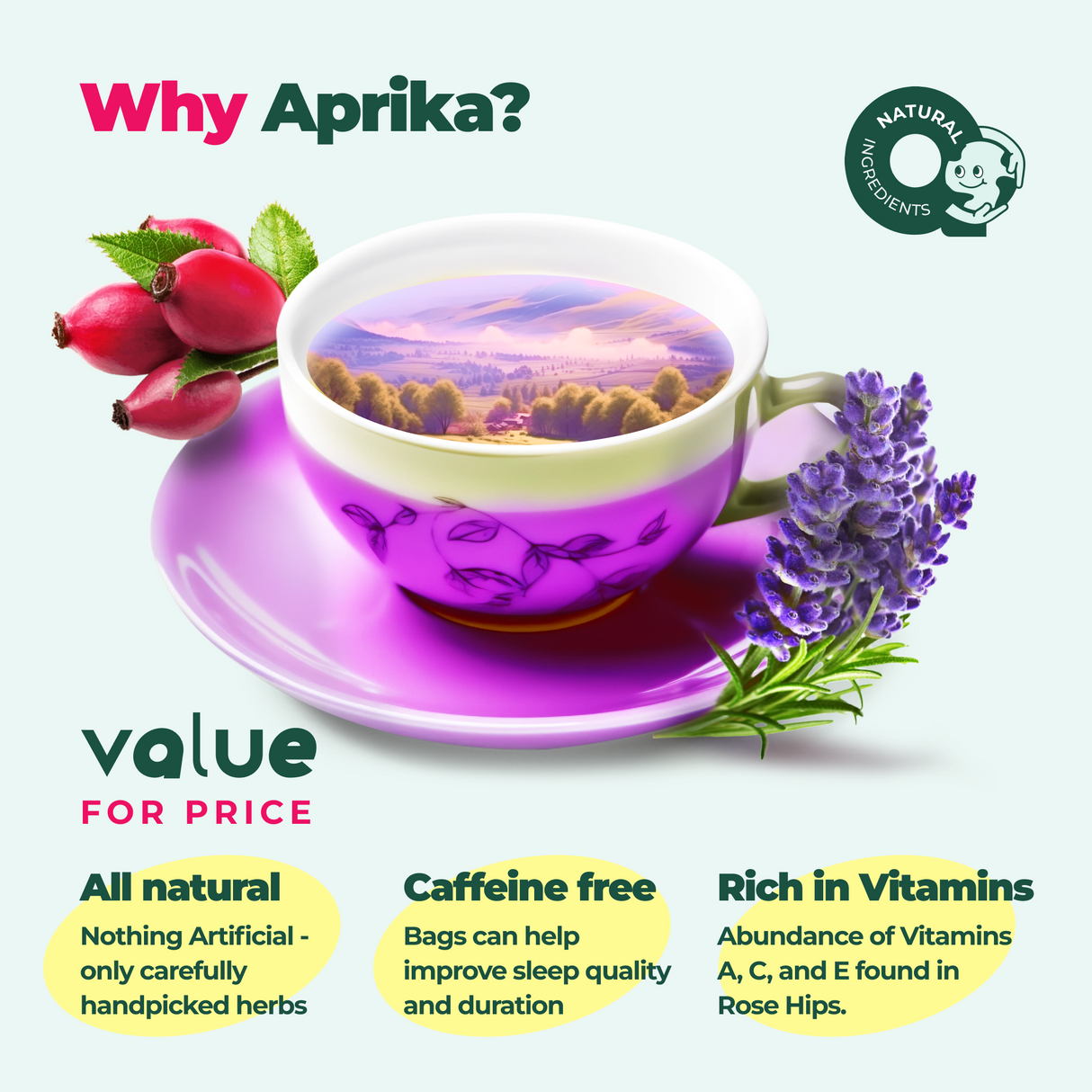 Purple cup featuring a scenic landscape, adorned with lavender and rose hips, promoting the benefits of Immune System Support Herbal Tea for natural immunity.