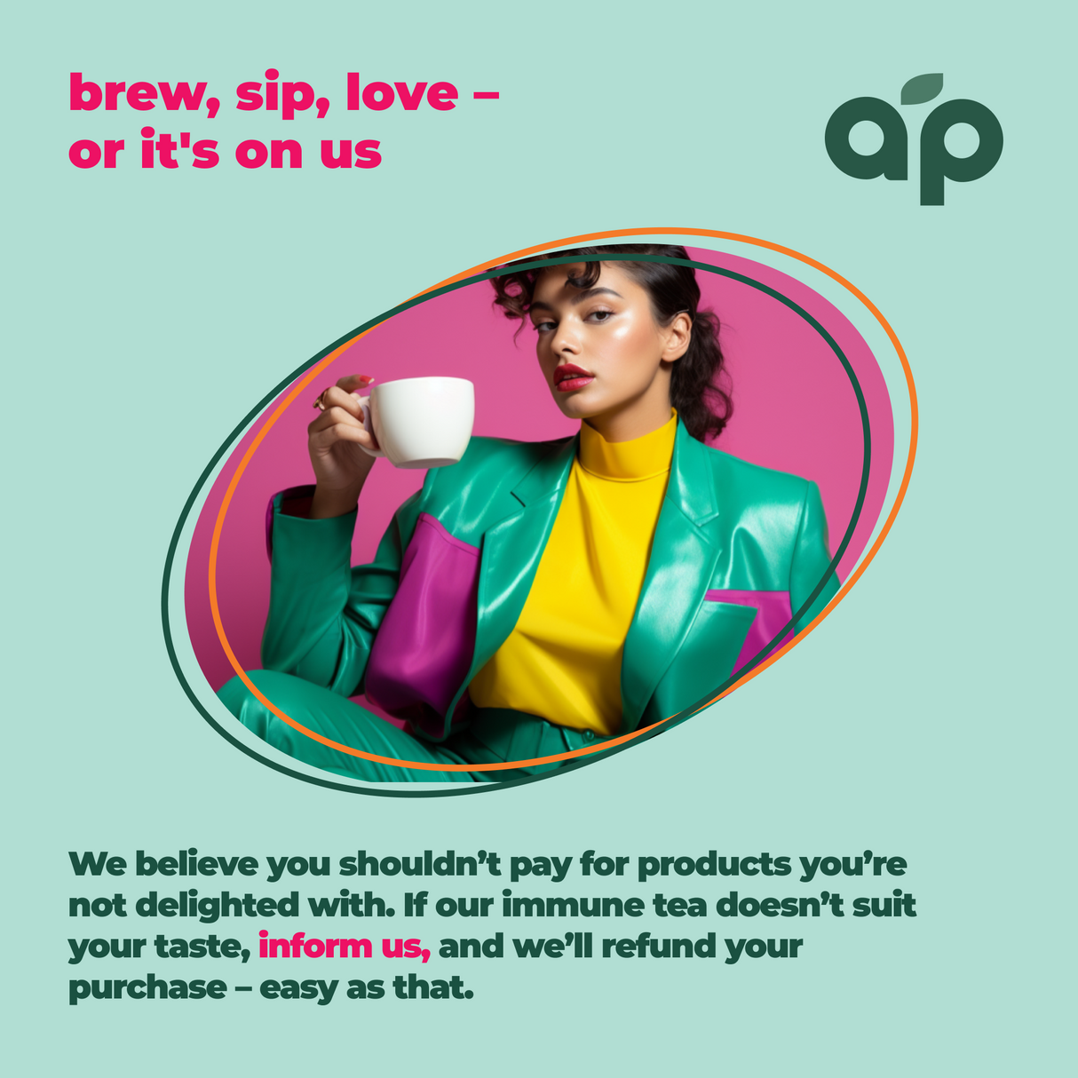 A stylish person in colorful attire confidently sips tea while enjoying their Immune System Support Herbal Tea, 60 Bags. It provides natural immune support with a satisfaction guarantee and refund policy, perfect for those pursuing a healthy lifestyle.