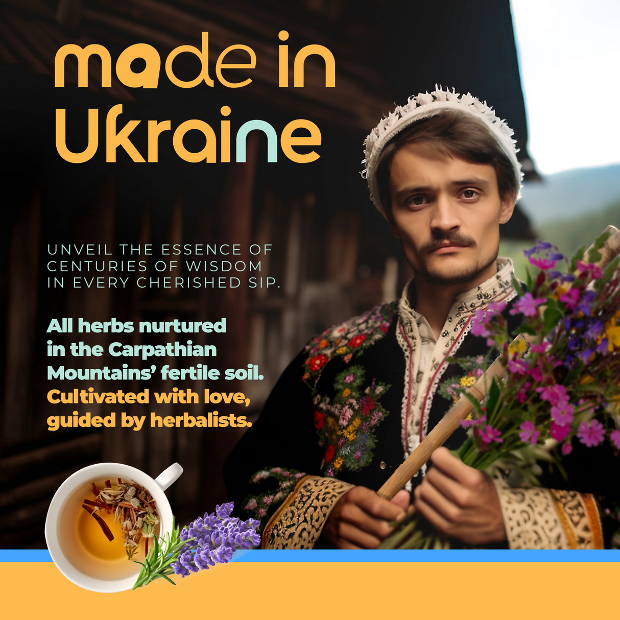 A man in traditional attire holds herbs beside text promoting the Immune System Support Herbal Tea, 60 Bags, highlighting its role in natural immune support.