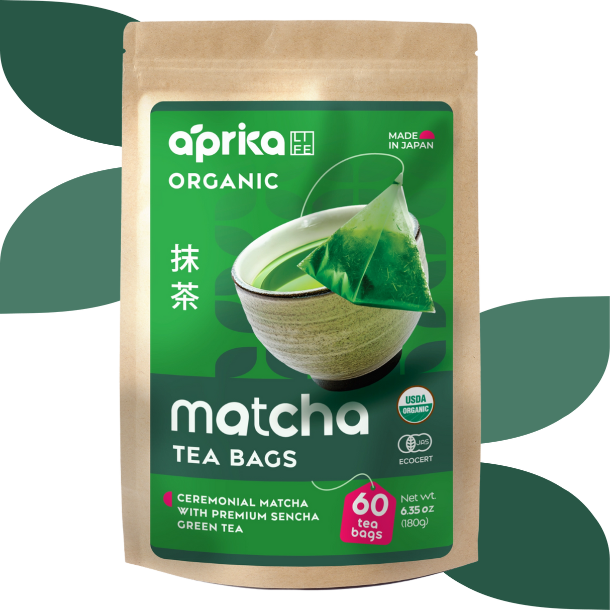 A brown package of Japanese Matcha Green Tea Bags featuring a green tea bowl and labeled as organic.