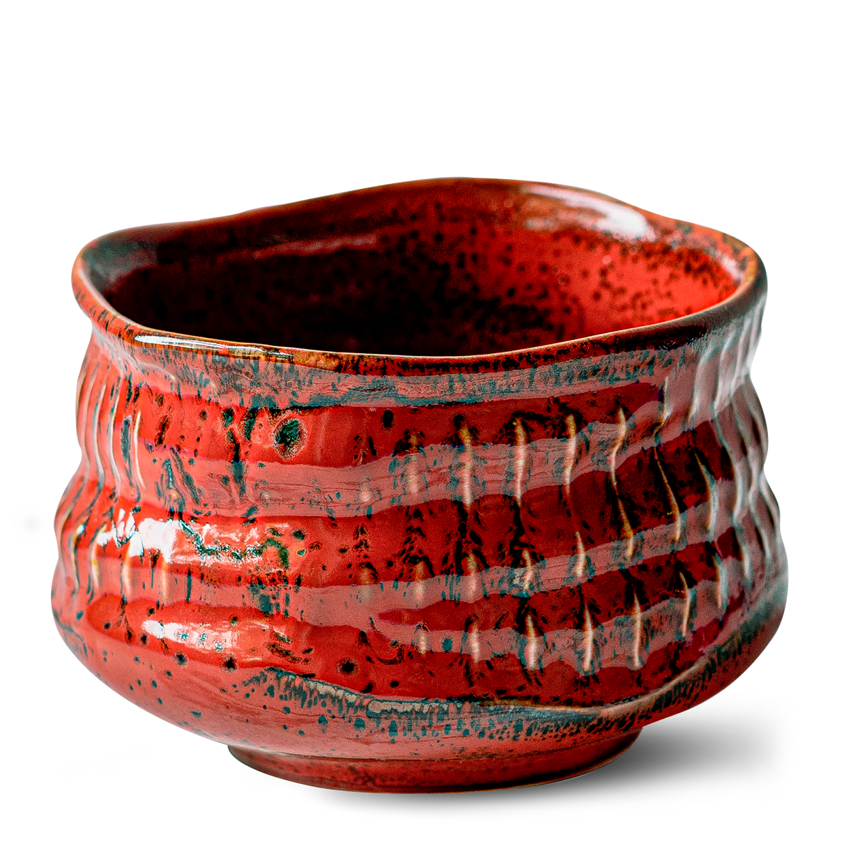 The Meisen Red Matcha Bowl features a textured design with a wavy rim and green speckles, ideal for serving matcha.