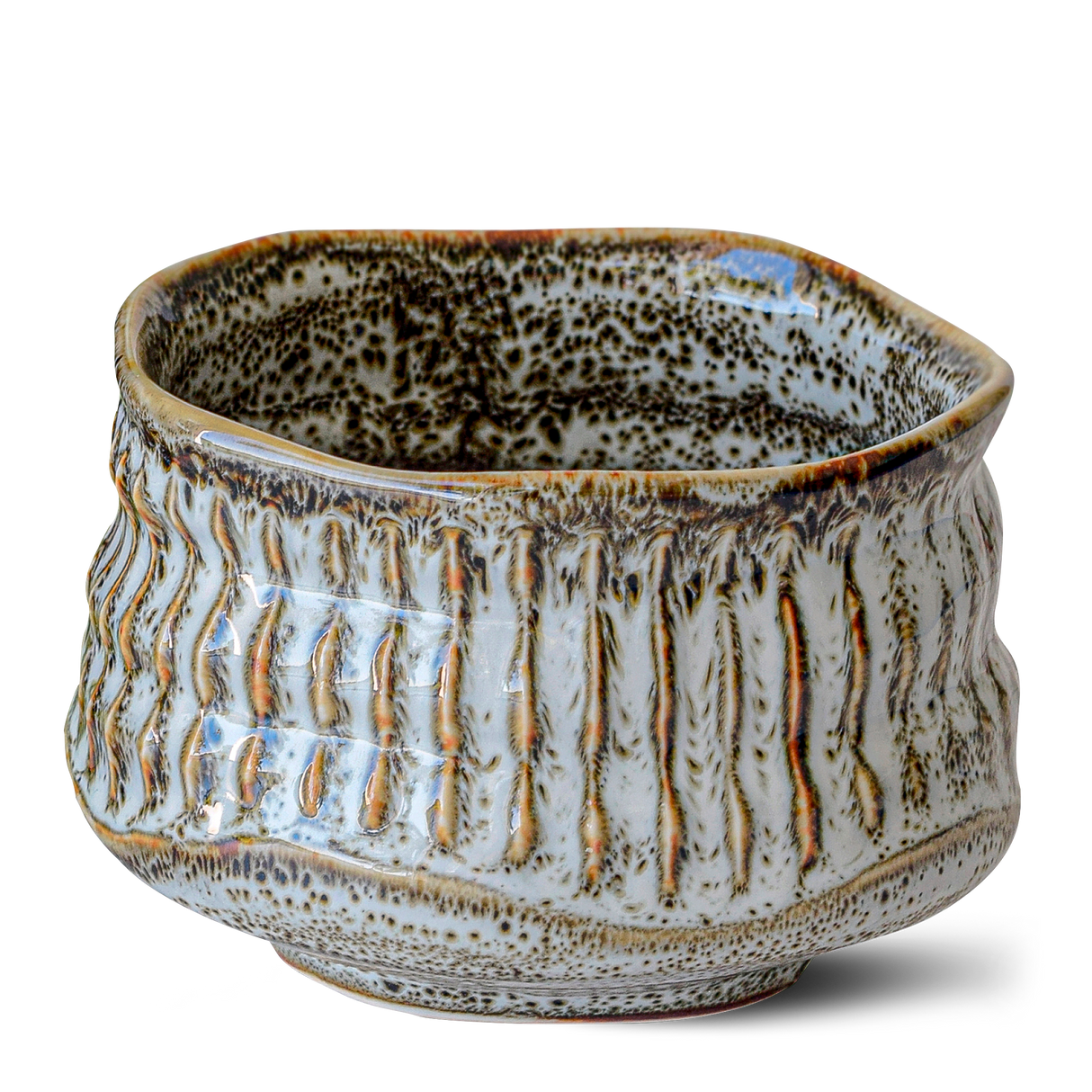 The White Ceramic Meisen Matcha Bowl features textured, wavy patterns and earthy tones, crafted in the traditional Minoyaki pottery style.