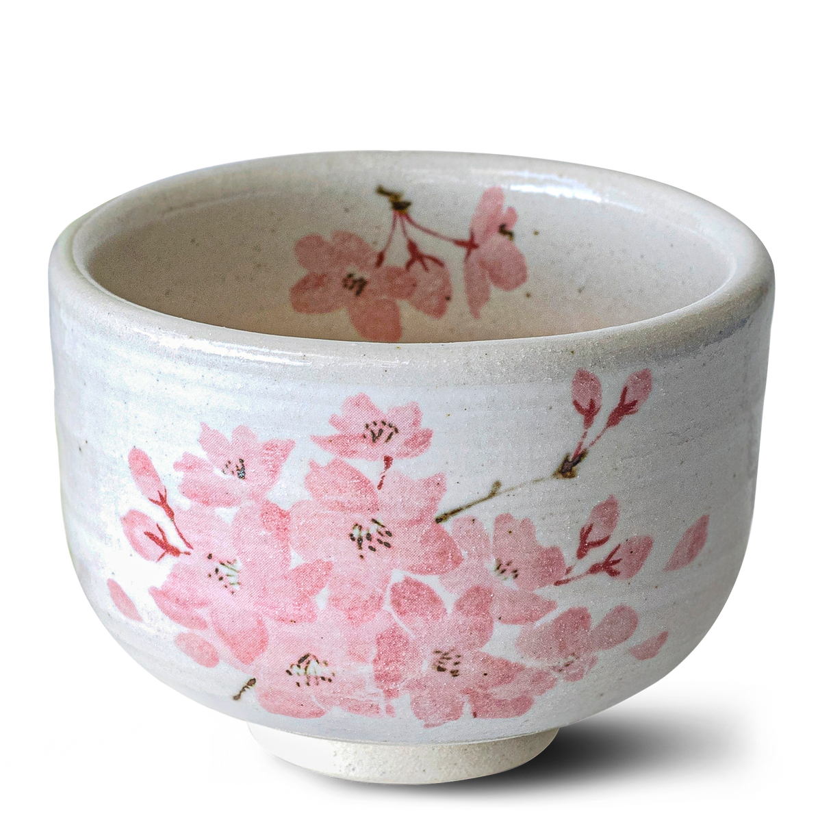 The Maruyoshi Sakura Clay Matcha Bowl features pink cherry blossoms on a white background, ideal for enjoying matcha.