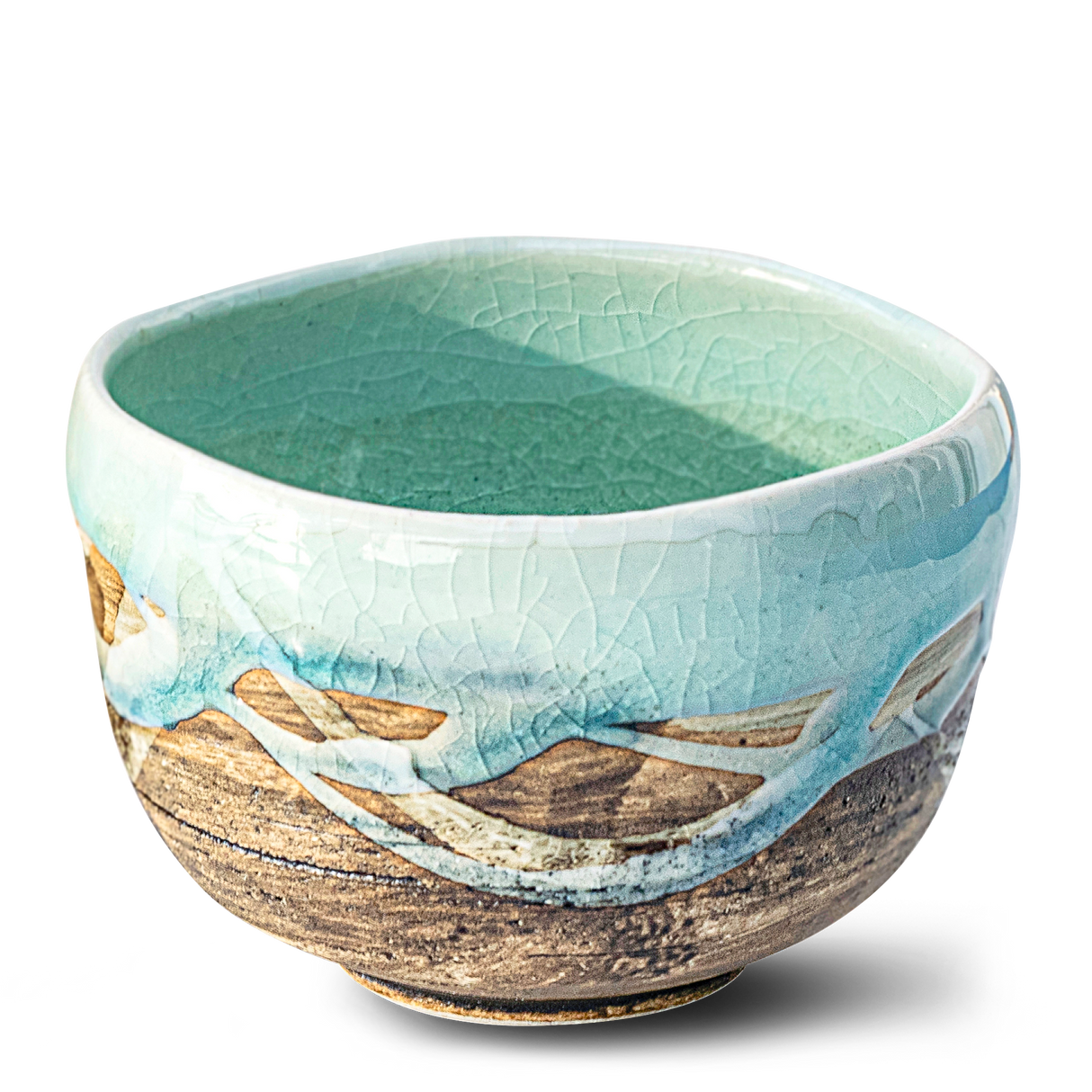 A Japanese Matcha Tea Bowl featuring a blue interior and brown glaze exterior, crafted using traditional Minoyaki pottery techniques.