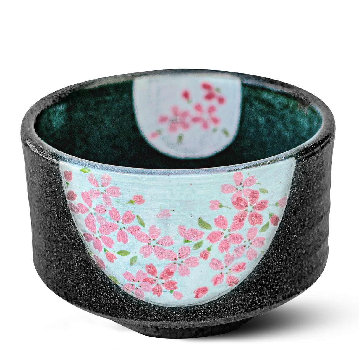 The Dark Grey Flowers Ceramic Matcha Bowl set includes a bamboo whisk and holder, featuring a floral design—perfect as a Japanese pottery matcha accessory.