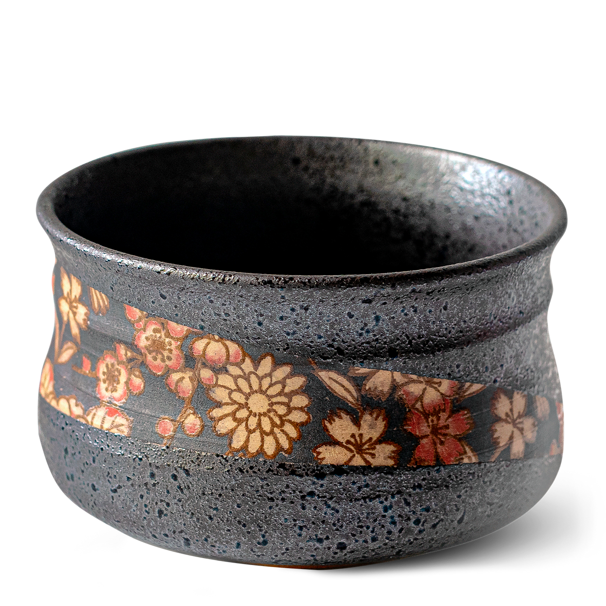 The Black with Flowers Matcha Bowl boasts a dark textured surface and floral design band, echoing traditional Japanese pottery. Ideal for enjoying your favorite matcha.