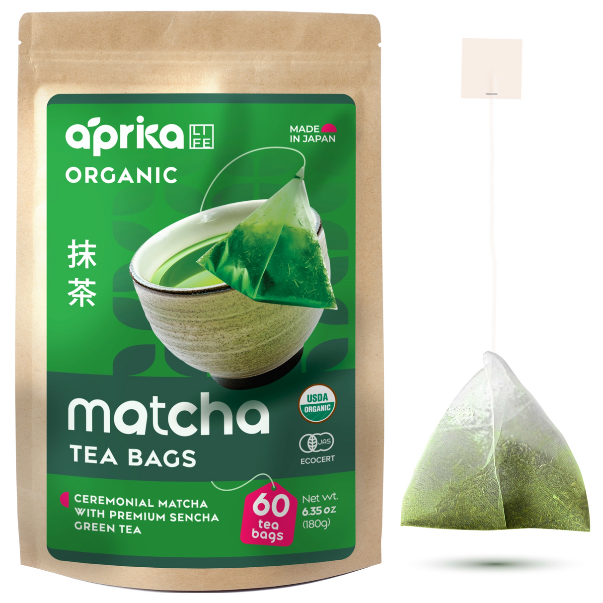 A box of Japanese Matcha Green Tea Bags with a teacup and one tea bag placed next to it.
