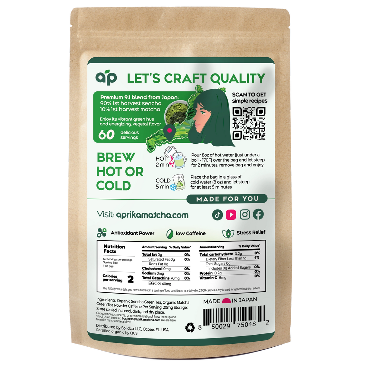 Back of Japanese Matcha Green Tea Bags pouch featuring brewing instructions, nutrition facts, and an image of a woman enjoying her tea.