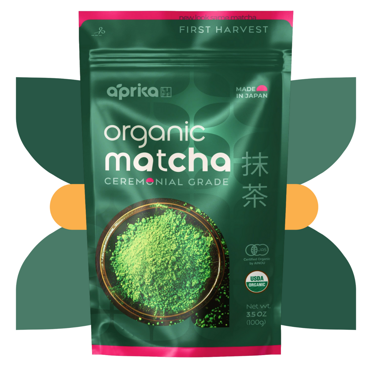 Aprika's Organic Japanese Ceremonial Grade Matcha Green Tea Powder is a vibrant green, USDA-certified organic product made in Japan, ensuring an authentic and pure experience.